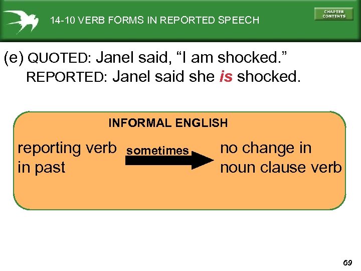 14 -10 VERB FORMS IN REPORTED SPEECH (e) QUOTED: Janel said, “I am shocked.