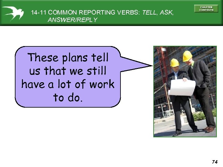 14 -11 COMMON REPORTING VERBS: TELL, ASK, ANSWER/REPLY These plans tell us that we