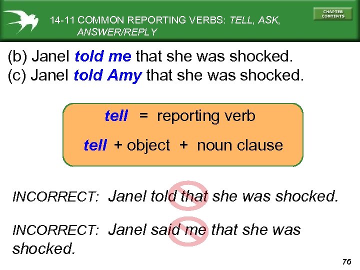 14 -11 COMMON REPORTING VERBS: TELL, ASK, ANSWER/REPLY (b) Janel told me that she