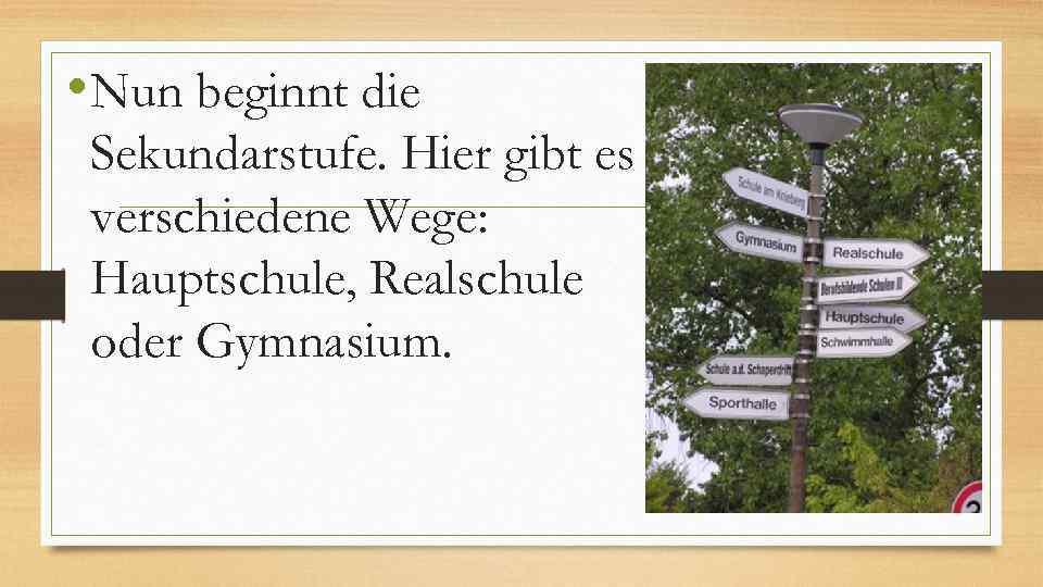  • Nun beginnt die Sekundarstufe. Hier gibt es verschiedene Wege: Hauptschule, Realschule oder