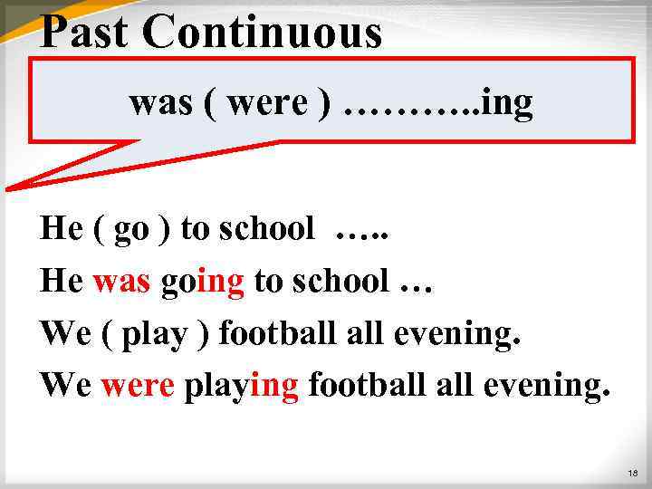Past Continuous was ( were ) ………. . ing He ( go ) to