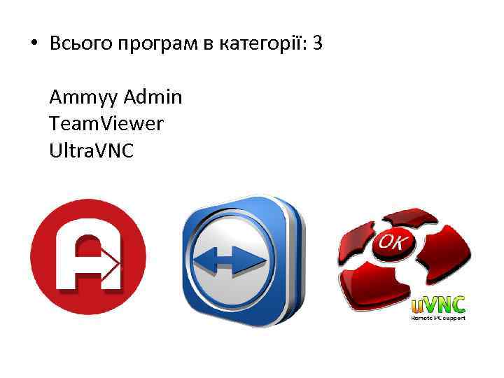  • Всього програм в категорії: 3 Ammyy Admin Team. Viewer Ultra. VNC 