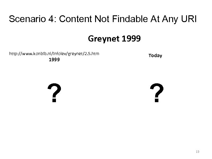 Scenario 4: Content Not Findable At Any URI Greynet 1999 http: //www. konbib. nl/infolev/greynet/2.