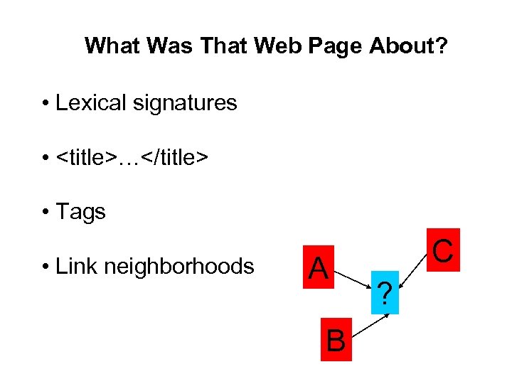 What Was That Web Page About? • Lexical signatures • <title>…</title> • Tags •