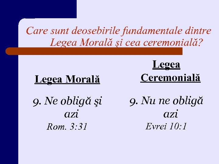 Care sunt deosebirile fundamentale dintre Legea Morală şi cea ceremonială? Legea Morală Legea Ceremonială