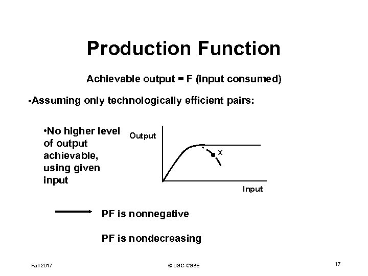 Production Function Achievable output = F (input consumed) -Assuming only technologically efficient pairs: •