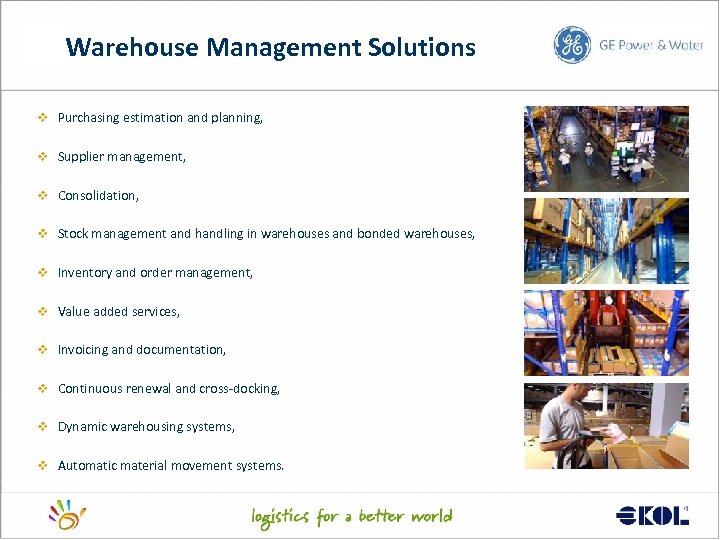 Warehouse Management Solutions v Purchasing estimation and planning, v Supplier management, v Consolidation, v