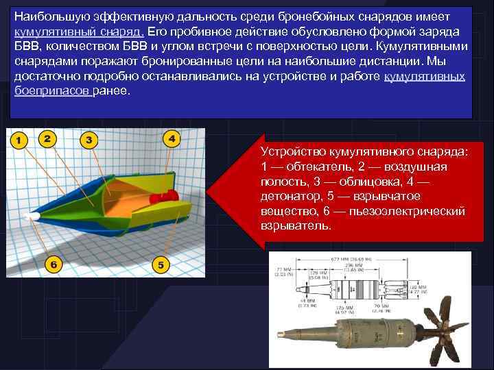 Наибольшую эффективную дальность среди бронебойных снарядов имеет кумулятивный снаряд. Его пробивное действие обусловлено формой