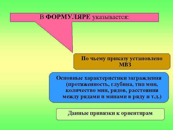 В ФОРМУЛЯРЕ указывается: По чьему приказу установлено МВЗ Основные характеристики заграждения (протяженность, глубина, тип