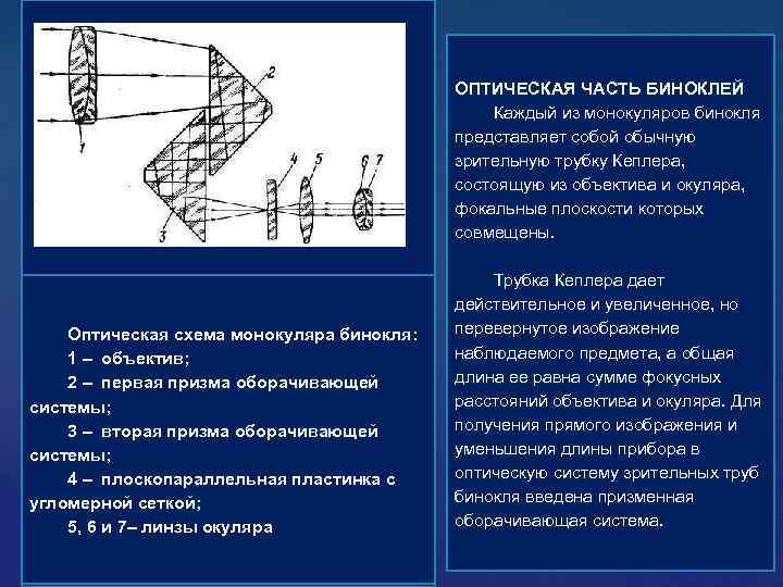 ОПТИЧЕСКАЯ ЧАСТЬ БИНОКЛЕЙ Каждый из монокуляров бинокля представляет собой обычную зрительную трубку Кеплера, состоящую