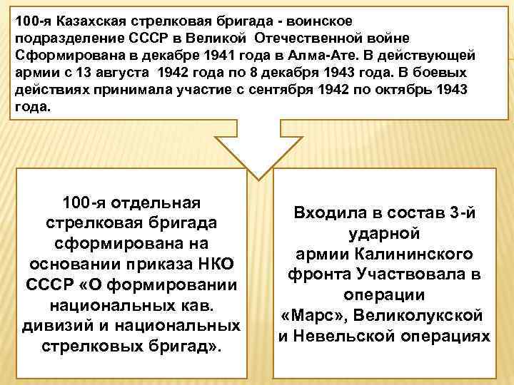 100 -я Казахская стрелковая бригада - воинское подразделение СССР в Великой Отечественной войне Сформирована