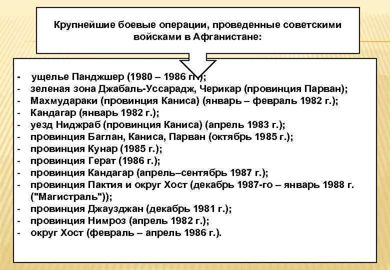 Крупнейшие боевые операции, проведенные советскими войсками в Афганистане: - ущелье Панджшер (1980 – 1986
