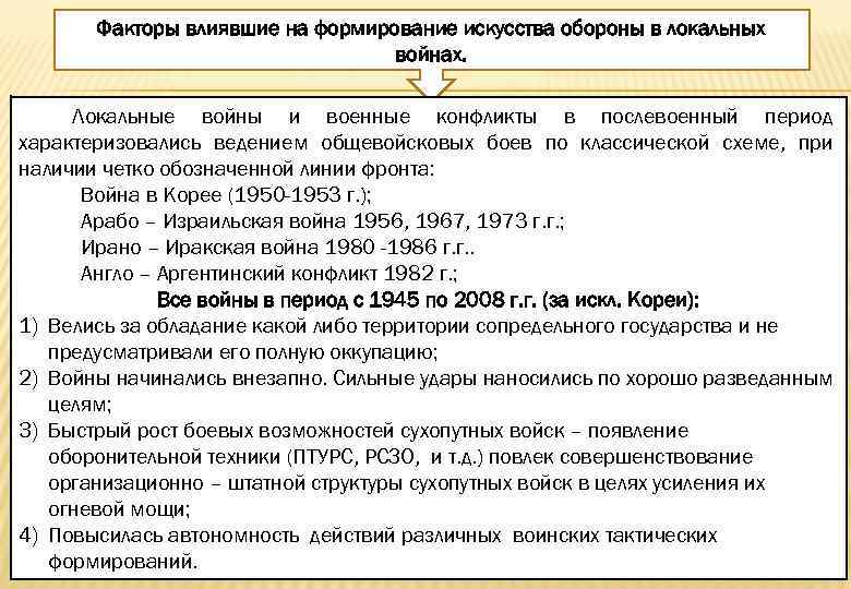 Факторы влиявшие на формирование искусства обороны в локальных войнах. Локальные войны и военные конфликты