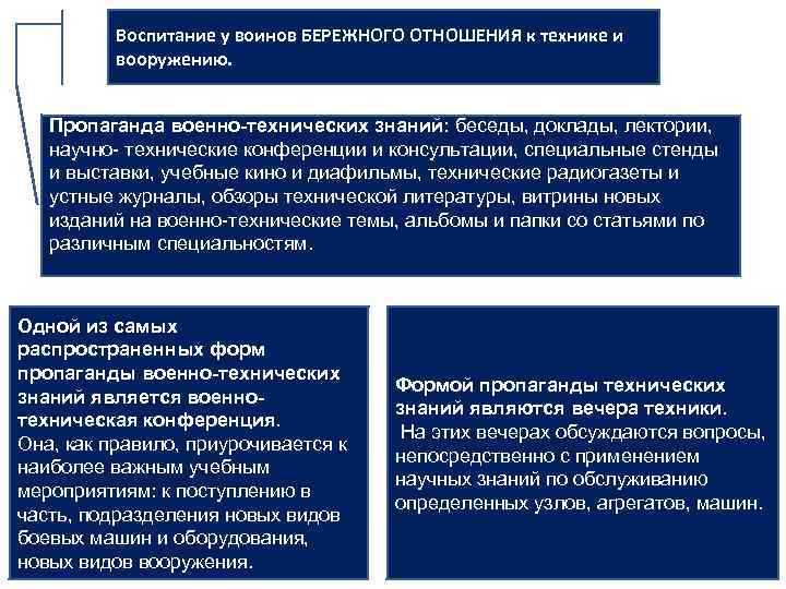 Воспитание у воинов БЕРЕЖНОГО ОТНОШЕНИЯ к технике и вооружению. Пропаганда военно-технических знаний: беседы, доклады,