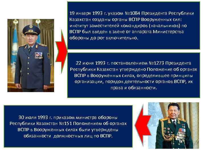 19 января 1993 г. указом № 1084 Президента Республики Казахстан созданы органы ВСПР Вооруженных