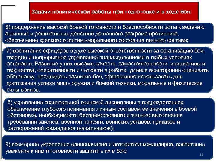 Задачи политической работы при подготовке и в ходе боя: 6) поддержание высокой боевой готовности