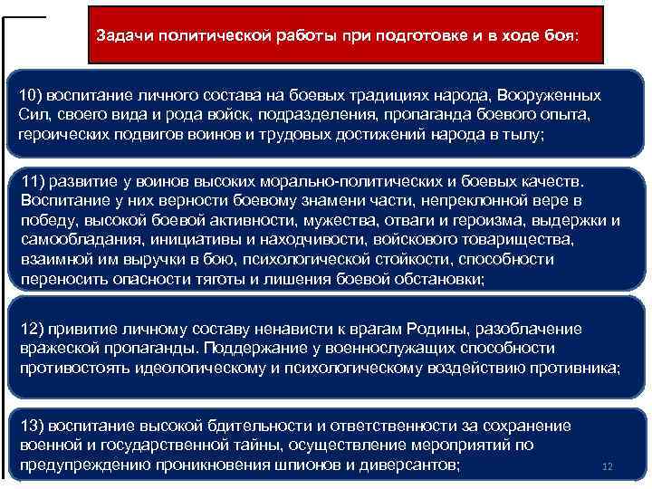 Задачи политической работы при подготовке и в ходе боя: 10) воспитание личного состава на