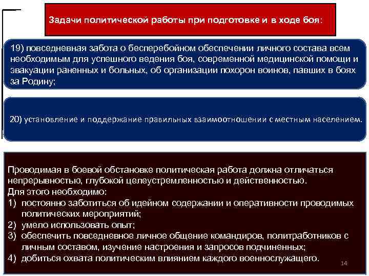 Задачи политической работы при подготовке и в ходе боя: 19) повседневная забота о бесперебойном