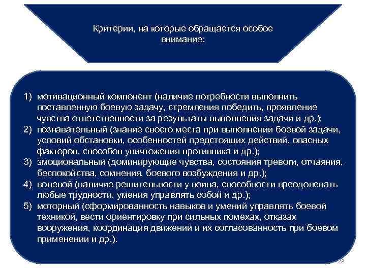 Критерии, на которые обращается особое внимание: 1) мотивационный компонент (наличие потребности выполнить поставленную боевую