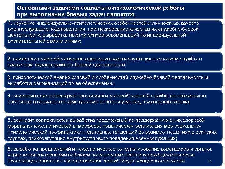 Основными задачами социально-психологической работы при выполнении боевых задач являются: 1. изучение индивидуально-психологических особенностей и