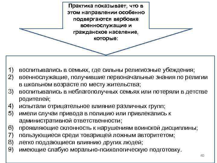 Практика показывает, что в этом направлении особенно подвергаются вербовке военнослужащие и гражданское население, которые: