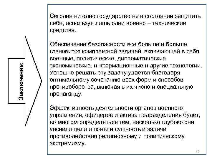 Заключение: Сегодня ни одно государство не в состоянии защитить себя, используя лишь одни военно
