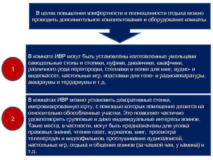 В целях повышения комфортности и полноценности отдыха можно проводить дополнительное комплектование и оборудование комнаты.