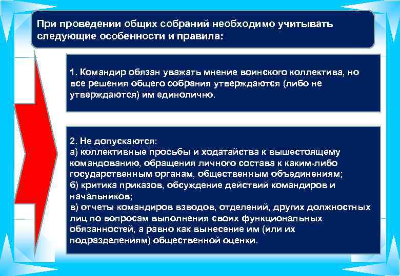 При проведении общих собраний необходимо учитывать следующие особенности и правила: 1. Командир обязан уважать