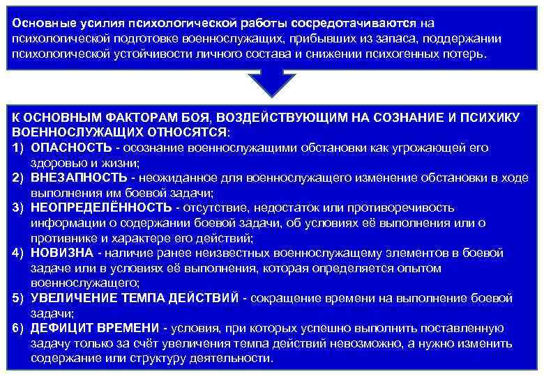Основные усилия психологической работы сосредотачиваются на психологической подготовке военнослужащих, прибывших из запаса, поддержании психологической