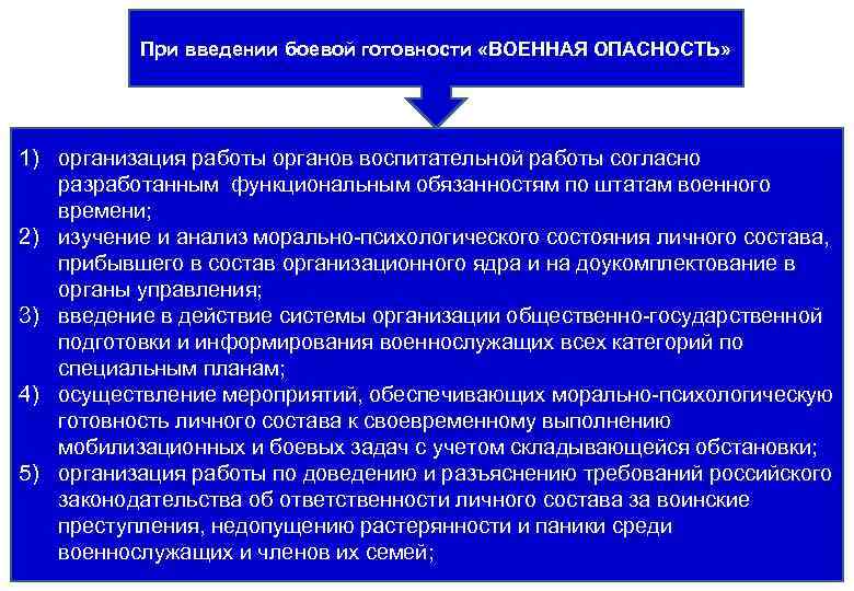 При введении боевой готовности «ВОЕННАЯ ОПАСНОСТЬ» 1) организация работы органов воспитательной работы согласно разработанным