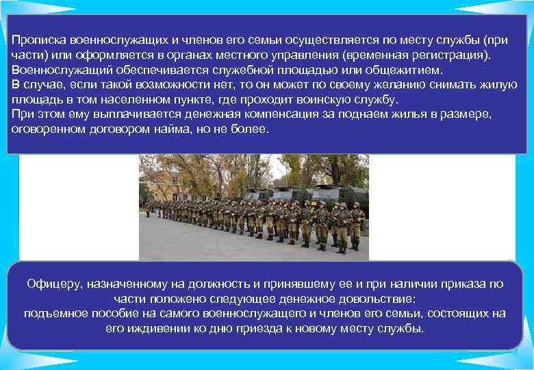 Прописка военнослужащих и членов его семьи осуществляется по месту службы (при части) или оформляется