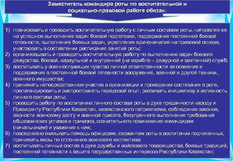 Заместитель командира роты по воспитательной и социально-правовой работе обязан: 1) планировать и проводить воспитательную