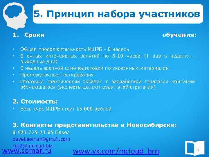 5. Принцип набора участников 1. Сроки • • • обучения: Общая продолжительность МШРБ -