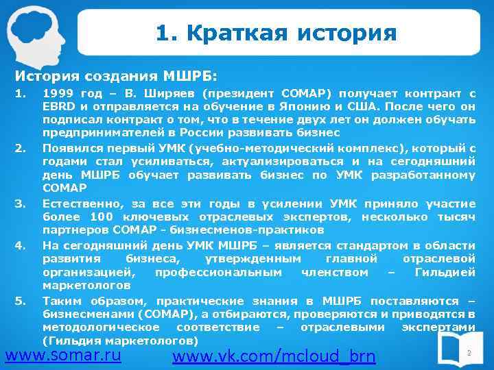 1. Краткая история История создания МШРБ: 1. 2. 3. 4. 5. 1999 год –