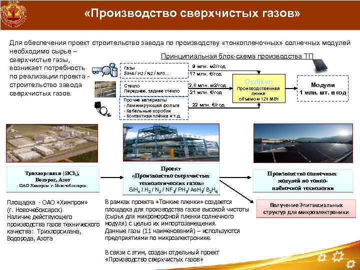  «Производство сверхчистых газов» Для обеспечения проект строительство завода по производству «тонкопленочных» солнечных модулей