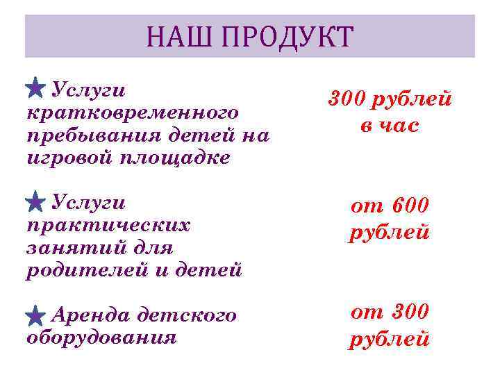 НАШ ПРОДУКТ Услуги кратковременного пребывания детей на игровой площадке 300 рублей в час Услуги