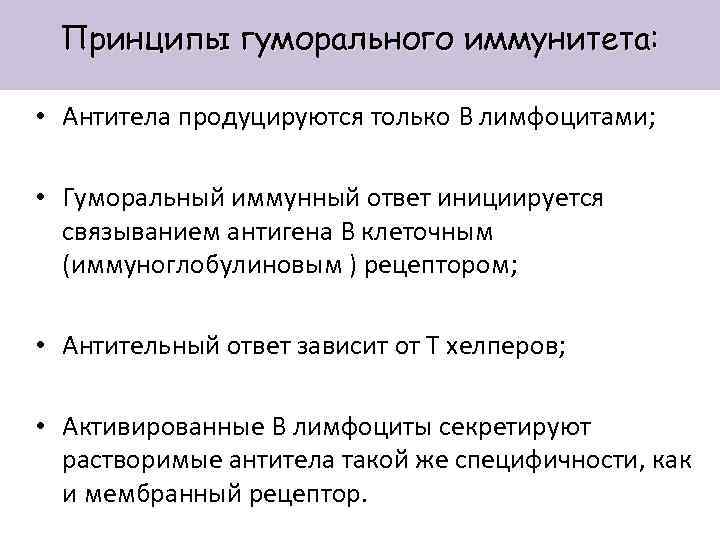 Принципы гуморального иммунитета: • Антитела продуцируются только В лимфоцитами; • Гуморальный иммунный ответ инициируется