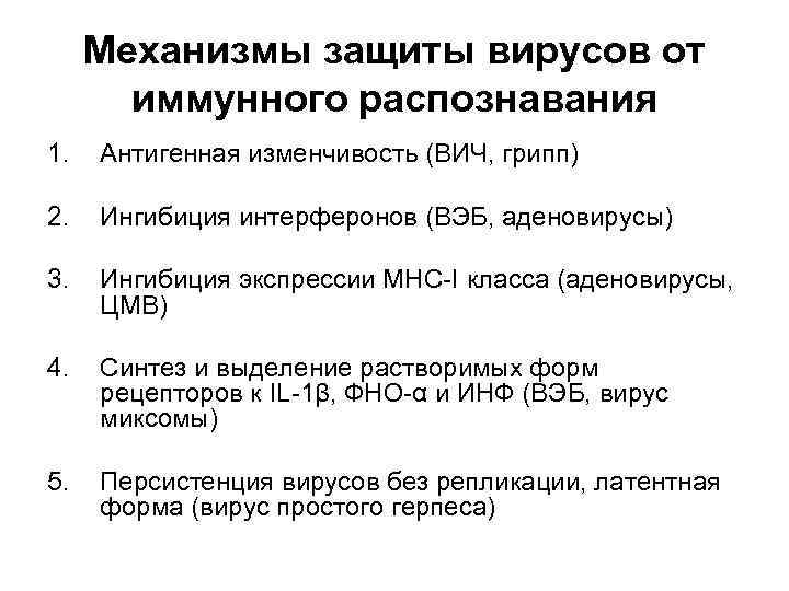 Механизмы защиты вирусов от иммунного распознавания 1. Антигенная изменчивость (ВИЧ, грипп) 2. Ингибиция интерферонов