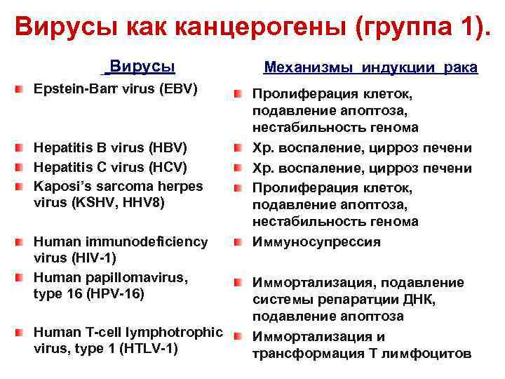 Вирусы как канцерогены (группа 1). Вирусы Epstein-Barr virus (EBV) Hepatitis B virus (HBV) Hepatitis