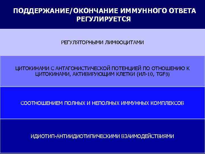 ПОДДЕРЖАНИЕ/ОКОНЧАНИЕ ИММУННОГО ОТВЕТА РЕГУЛИРУЕТСЯ РЕГУЛЯТОРНЫМИ ЛИМФОЦИТАМИ ЦИТОКИНАМИ С АНТАГОНИСТИЧЕСКОЙ ПОТЕНЦИЕЙ ПО ОТНОШЕНИЮ К ЦИТОКИНАМИ,