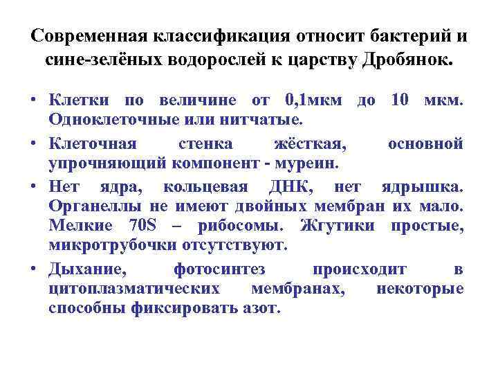 Современная классификация относит бактерий и сине-зелёных водорослей к царству Дробянок. • Клетки по величине