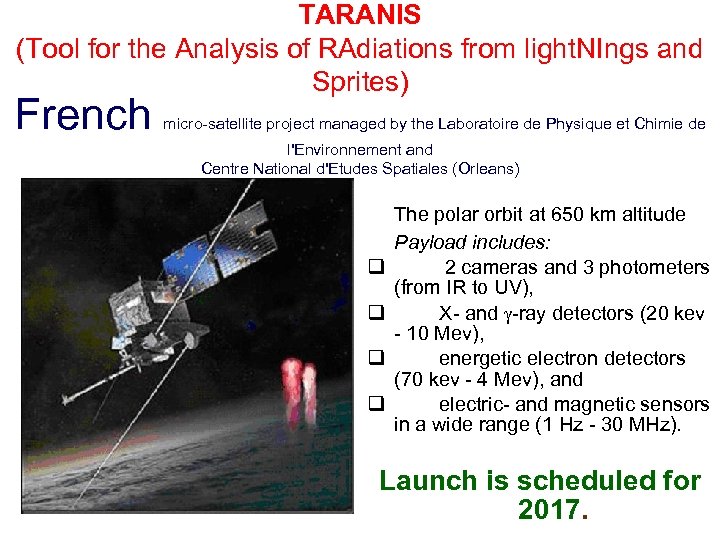 TARANIS (Tool for the Analysis of RAdiations from light. NIngs and Sprites) French micro-satellite