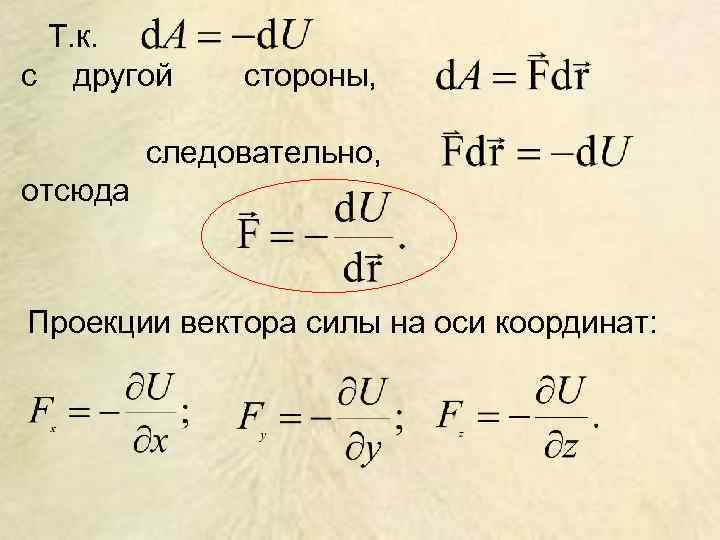 Т. к. с другой стороны, следовательно, отсюда Проекции вектора силы на оси координат: 