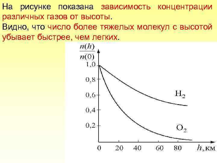 На рисунке показана зависимость концентрации различных газов от высоты. Видно, что число более тяжелых