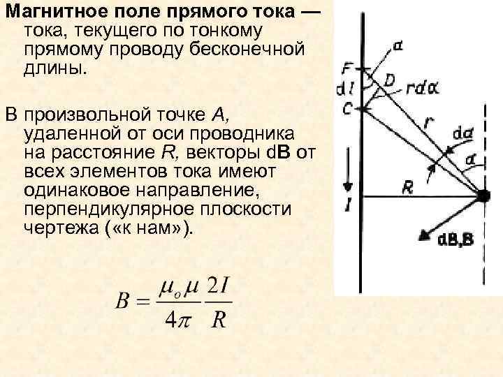 Магнитное поле прямого тока — тока, текущего по тонкому прямому проводу бесконечной длины. В