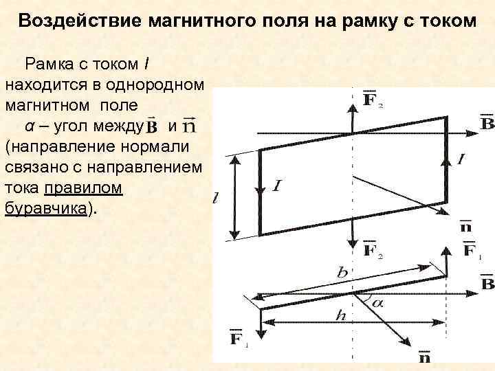 Воздействие магнитного поля на рамку с током Рамка с током I находится в однородном