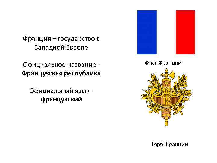 Франция – государство в Западной Европе Официальное название - Французская республика Флаг Франции Официальный