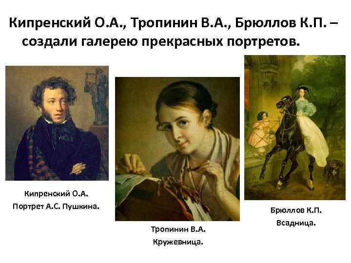 Кипренский О. А. , Тропинин В. А. , Брюллов К. П. – создали галерею
