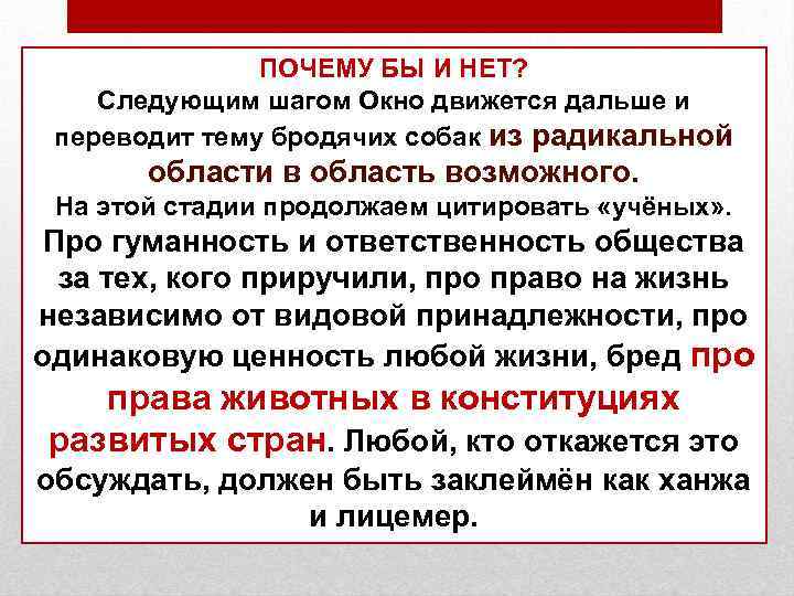 ПОЧЕМУ БЫ И НЕТ? Следующим шагом Окно движется дальше и переводит тему бродячих собак