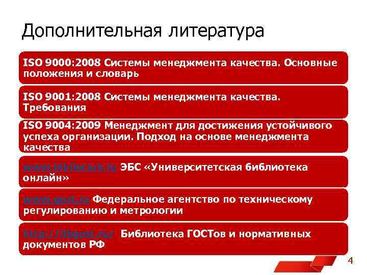 Дополнительная литература ISO 9000: 2008 Системы менеджмента качества. Основные положения и словарь ISO 9001:
